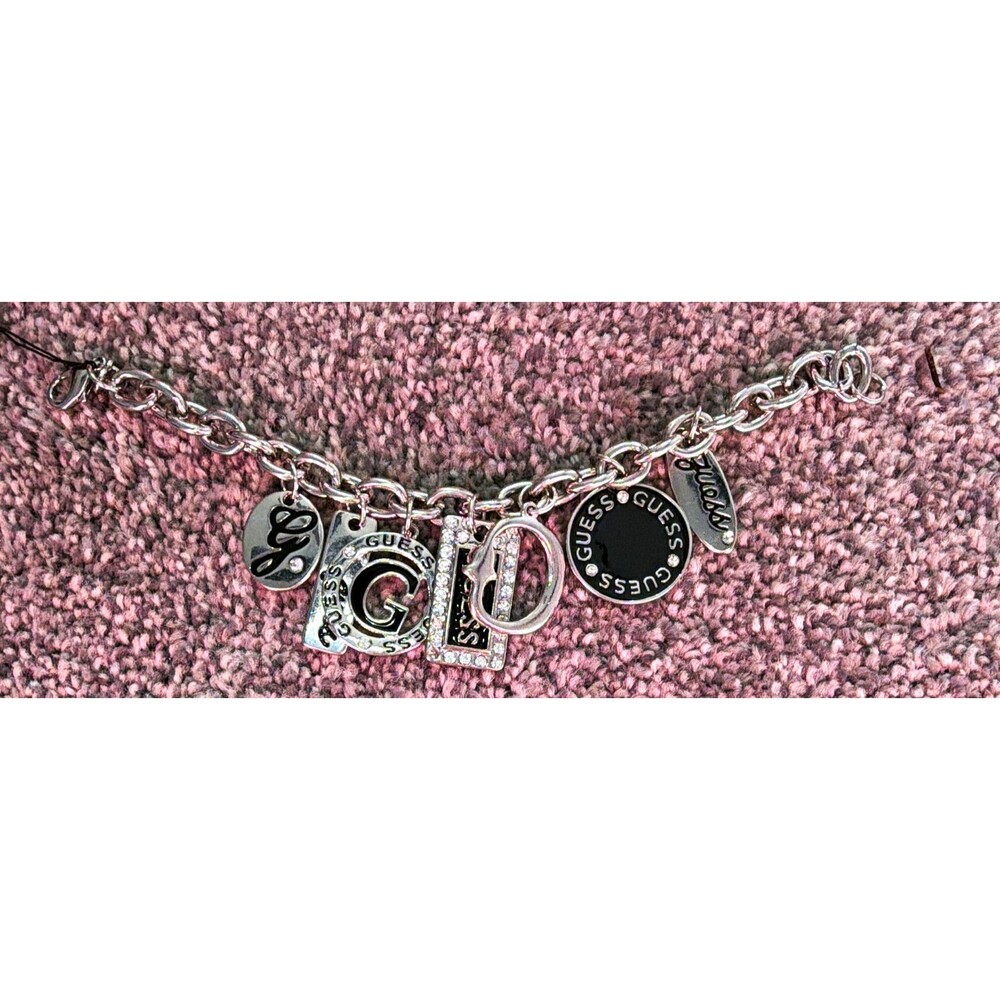 GUESS Silver/Black Oval Link Chain Charm Bracelet Lobster Clasp NWT